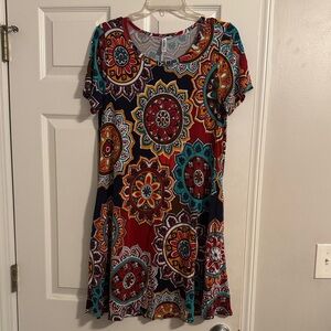 Short Sleeve Mini Dress in Teal & Red Medallion Print